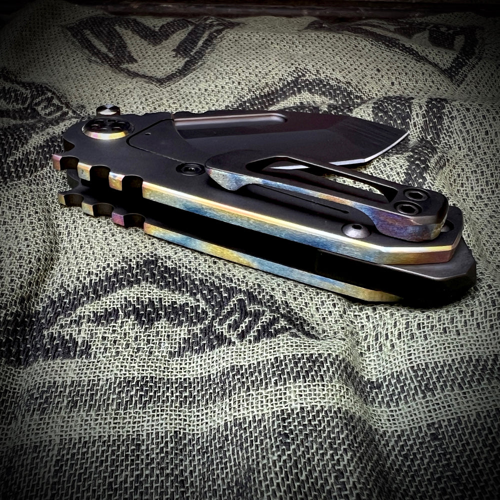 Medford Knife & Tool Micro T - S45VN Micro "T" - S35VN PVD Tanto Blade, PVD Handles ($50), Flm HW ($50), Brsh/FlMedford Knife &  Tool S45VN PVD Tanto Blade PVD w Vio Multi Etch Ano Pin Perimeters Handles Vio Multi Etch Ano HW Clip