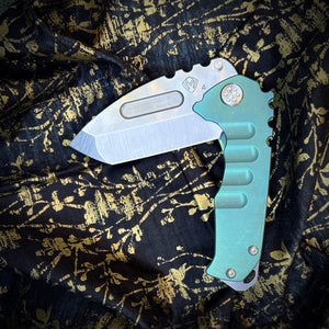Medford Knife & Tool - Genesis T - S45VN Tumbled Tanto Blade Green Multi Etch Ano Handles Std HW Clip NP3 Breaker