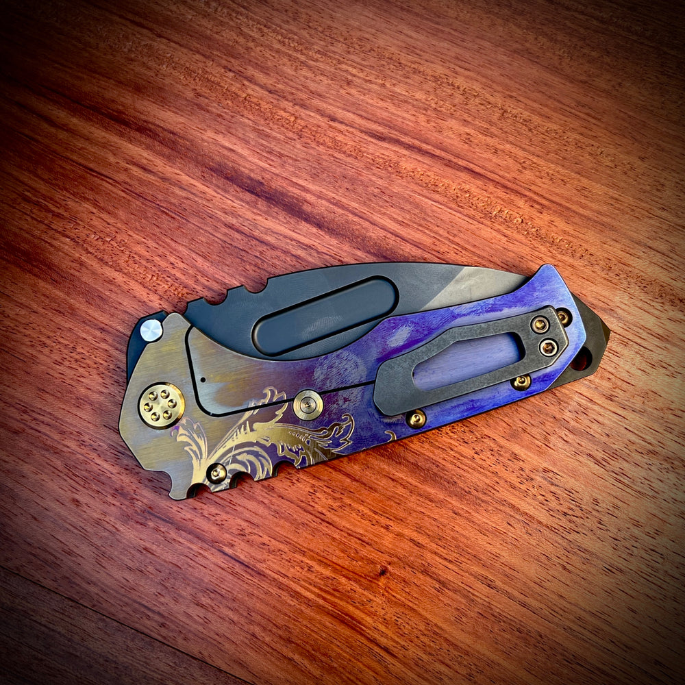 Medford Knife and Tool - Praetorian T  - S45VN DLC DP Blade Black Deep Cut Filigree w/Faced/Vio-Brz Flats Handles Vio-Brz HW PVD Clip PVD Breaker