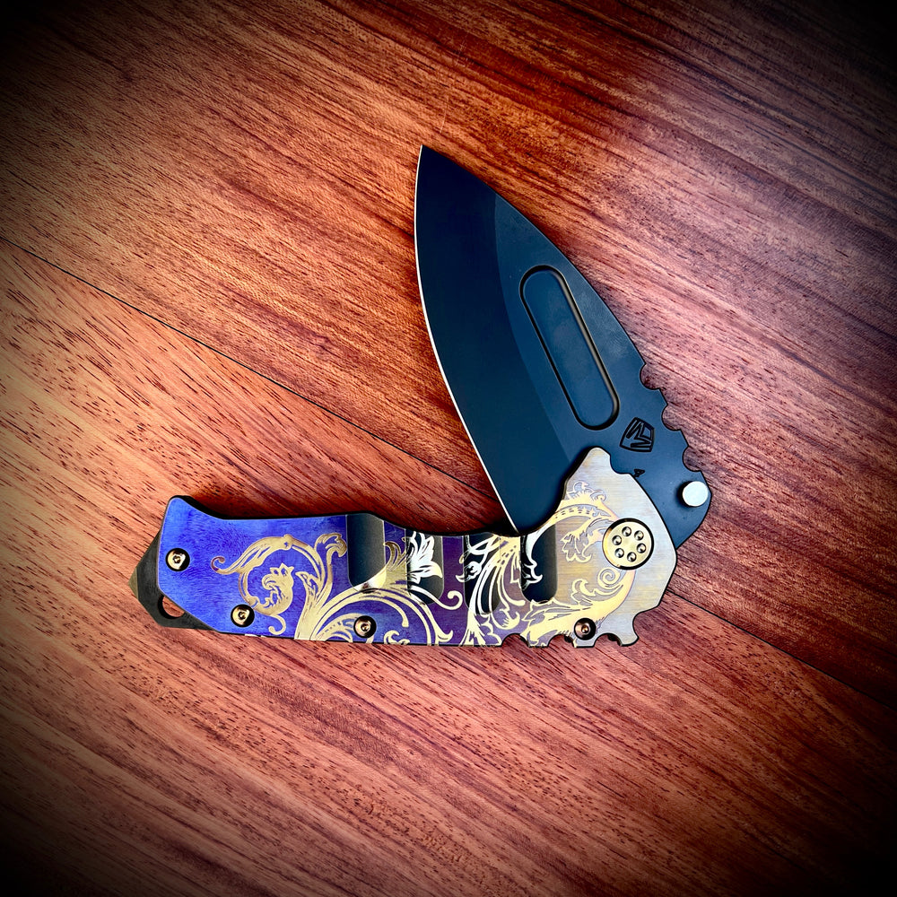 Medford Knife and Tool - Praetorian T  - S45VN DLC DP Blade Black Deep Cut Filigree w/Faced/Vio-Brz Flats Handles Vio-Brz HW PVD Clip PVD Breaker