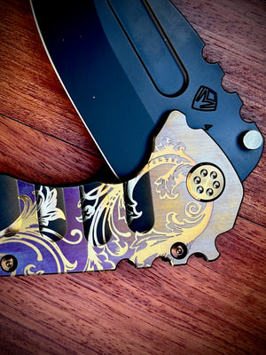 Medford Knife and Tool - Praetorian T  - S45VN DLC DP Blade Black Deep Cut Filigree w/Faced/Vio-Brz Flats Handles Vio-Brz HW PVD Clip PVD Breaker