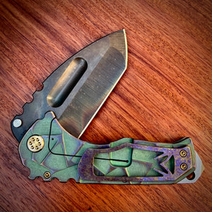 Medford Knife and Tool Praetorian Ti - Prae Ti - S45VN Vulcan Tanto Blade Green w/Rose-Bronze Stained Glass Handles Rose-Bronze HW Brsh/Rose-Brz Clip NP3 Breaker