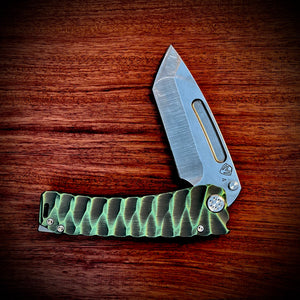 Medford Knive and Tool - Marauder-H - S45VN Tumbled Tanto Blade BB/Cement w/Multi-Etch Green Predator Handles Std HW/Clip NP3 Breaker