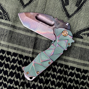 Medford Knife and Tool Praetorian Ti - Prae Ti - S45VN Vulcan Tanto Blade Green w/Rose-Bronze Stained Glass Handles Rose-Bronze HW Brsh/Rose-Brz Clip NP3 Breaker