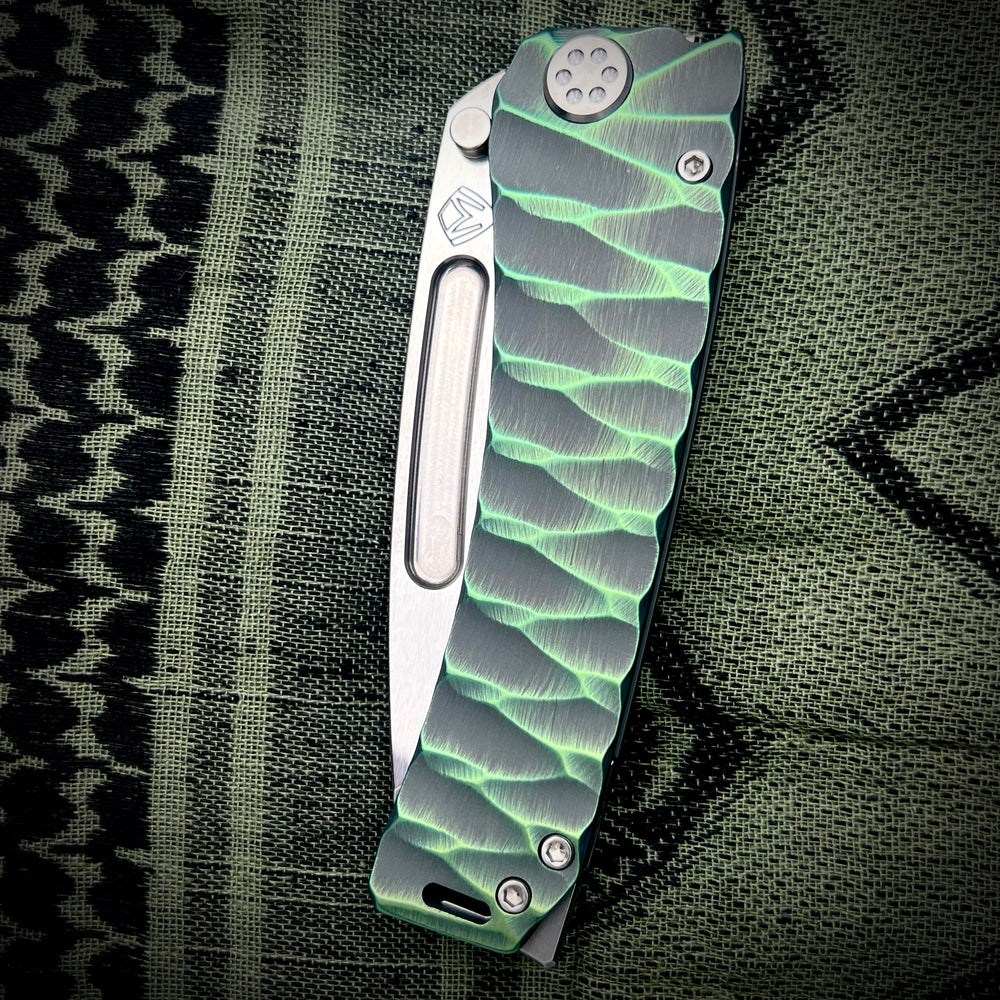 Medford Knive and Tool - Marauder-H - S45VN Tumbled Tanto Blade BB/Cement w/Multi-Etch Green Predator Handles Std HW/Clip NP3 Breaker