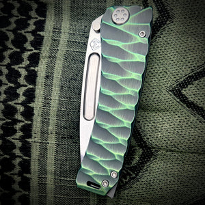 Medford Knive and Tool - Marauder-H - S45VN Tumbled Tanto Blade BB/Cement w/Multi-Etch Green Predator Handles Std HW/Clip NP3 Breaker