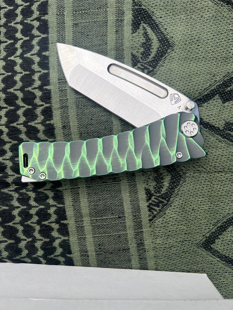 Medford Knive and Tool - Marauder-H - S45VN Tumbled Tanto Blade BB/Cement w/Multi-Etch Green Predator Handles Std HW/Clip NP3 Breaker