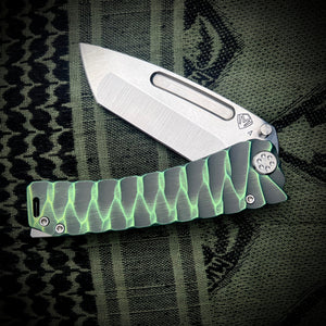 Medford Knive and Tool - Marauder-H - S45VN Tumbled Tanto Blade BB/Cement w/Multi-Etch Green Predator Handles Std HW/Clip NP3 Breaker