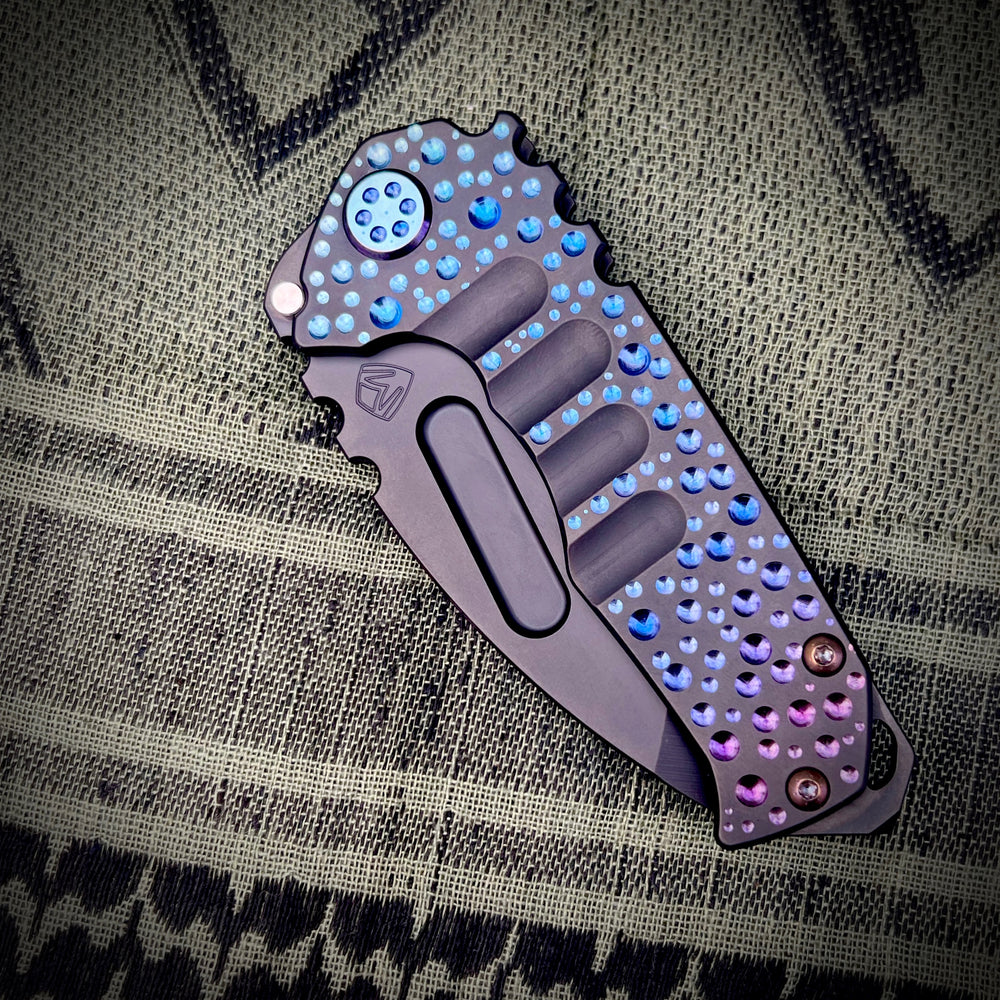 Medford Knife & Tool Genesis T - 3V PVD Tanto Blade PVD w/Blue-Vio Dimples Handles PVD HW/Clip PVD Breaker