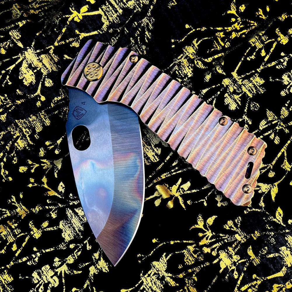 Medford Knife and Tool - TFF-1 - S45VN Vulcan Blade Rootbeer w Brsh Brz Lightning Handles Bronze HW Clip