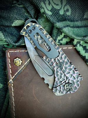 Medford Knife & Tool - Genesis T - S45VN Vulcan DP Blade Black w/Brsh/Brz-Vio Peaks Peaks & Valleys Handles Black HW/DLC Clip Breaker