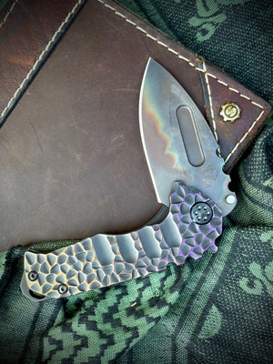 Medford Knife & Tool - Genesis T - S45VN Vulcan DP Blade Black w/Brsh/Brz-Vio Peaks Peaks & Valleys Handles Black HW/DLC Clip Breaker