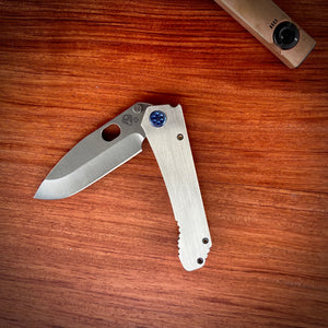 Medford Knife & Tool - 187 DP - D2 Tumbled Blade Faced Silver Handles Blue HW Brsh Blue Clip