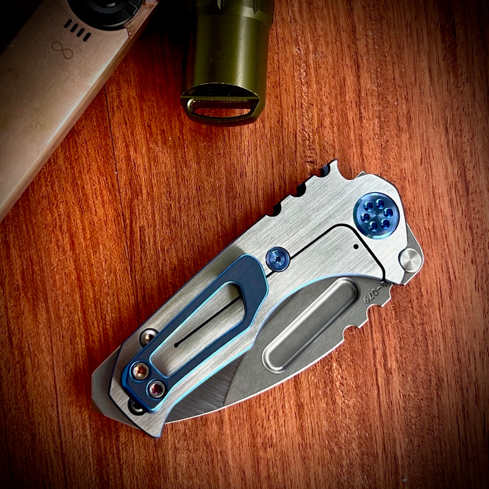 Medford Knife & Tool - Micro T - S35VN Tumbled DP Blade Blue w Faced Silver Filigree Handles Blue HW Clip NP3 Breaker