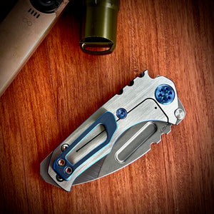 Medford Knife & Tool - Micro T - S35VN Tumbled DP Blade Blue w Faced Silver Filigree Handles Blue HW Clip NP3 Breaker