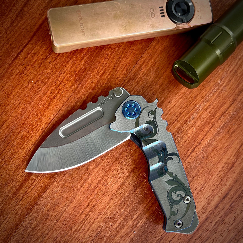 Medford Knife & Tool - Micro T - S35VN Tumbled DP Blade Blue w Faced Silver Filigree Handles Blue HW Clip NP3 Breaker