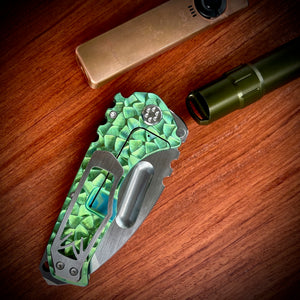Knive and Tool Praetorian Ti  - S45VN Satin Tanto Blade Ecto Green Peaks&Valleys" AKA "Hulk" Handles  w/ Silver Hardware Clip NP3 Breaker