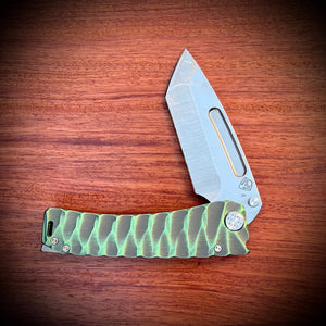 Medford Knive and Tool - Marauder-H - S45VN Tumbled Tanto Blade BB/Cement w/Multi-Etch Green Predator Handles Std HW/Clip NP3 Breaker