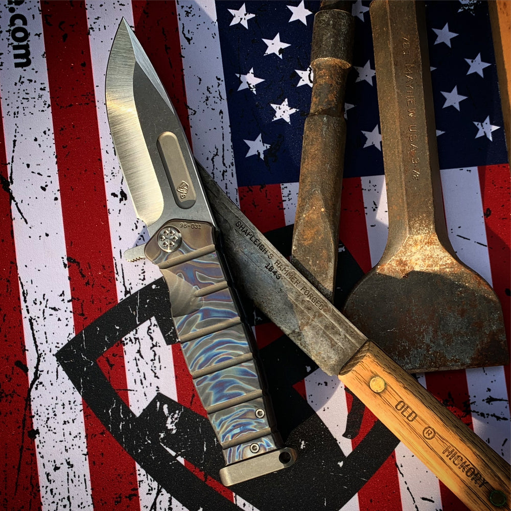 Medford USMC Fighter Flipper - S35VN Tumbled Blade Faced/Flamed Handle Maker's Ano Lock Side Standard Hardware Brushed/Flamed Clip Tumbled Pommel