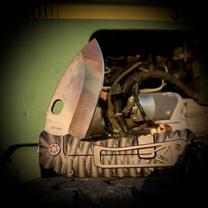 TFF-1 FD - D2 Vulcan Blade PVD Predator Handles Brushed Pivots/Flamed Hardware PVD Clip