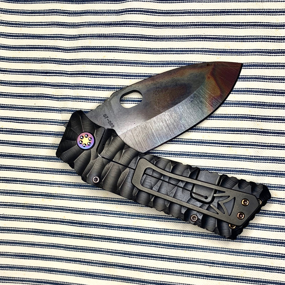 TFF-1 FD - D2 Vulcan Blade PVD Predator Handles Brushed Pivots/Flamed Hardware PVD Clip