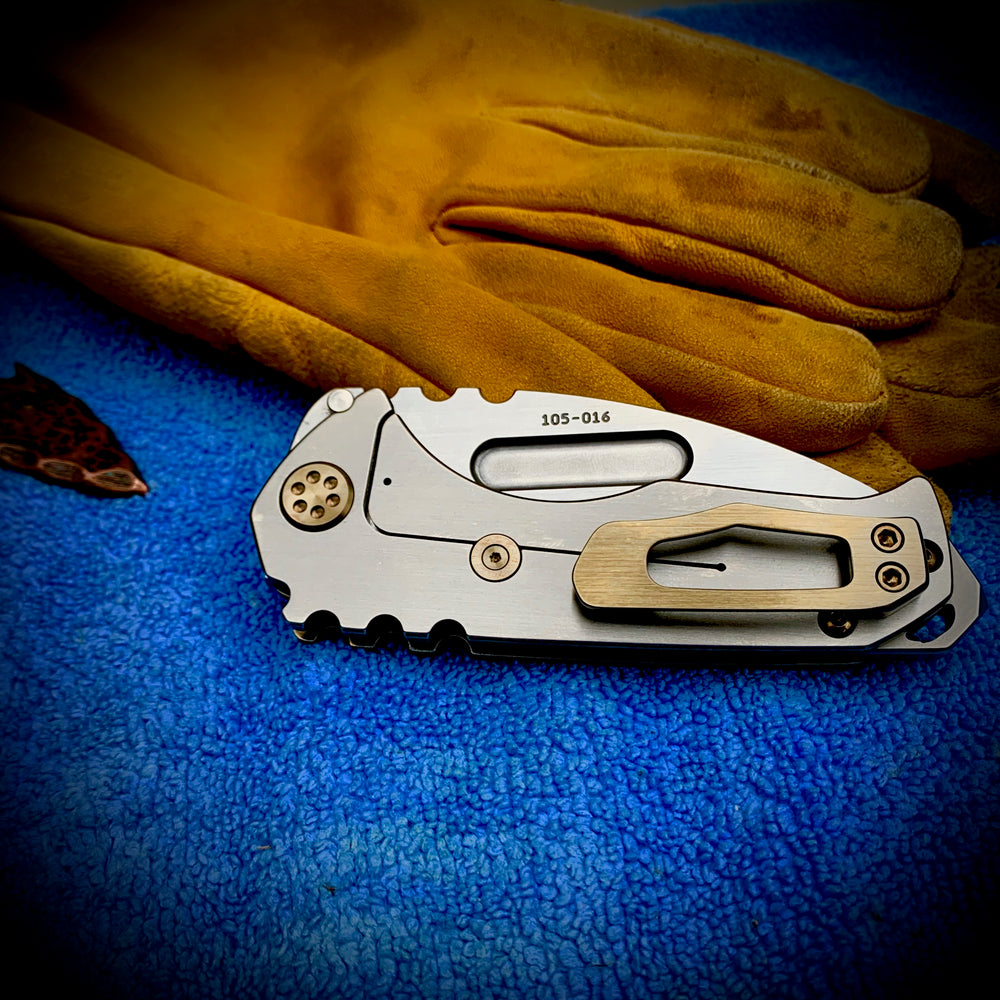 Medford Knife & Tool - Genesis T - S35VN Tumbled Tanto Blade w/Satin Flats Bronze Handles w/Faced/Silver Flats  Bronze HW Brsh/Brz Clip NP3 Breaker