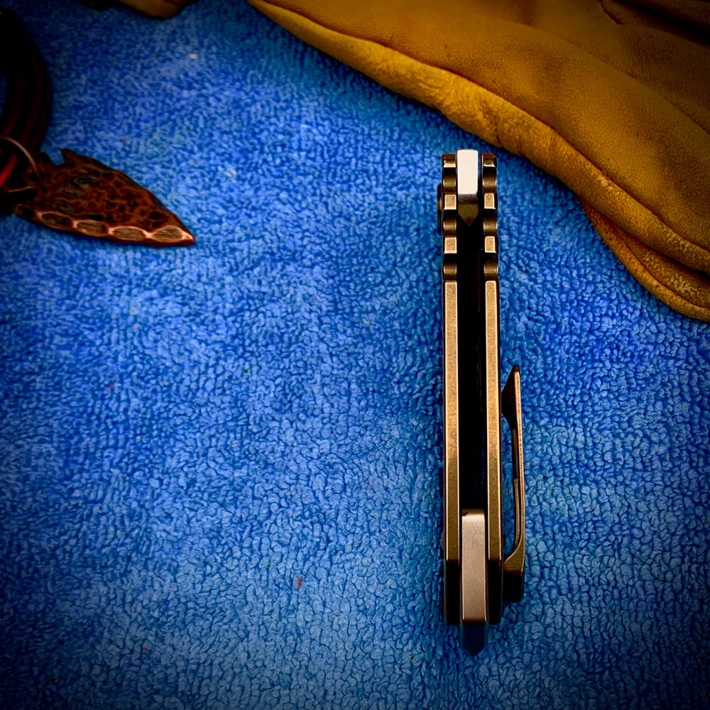 Medford Knife & Tool - Genesis T - S35VN Tumbled Tanto Blade w/Satin Flats Bronze Handles w/Faced/Silver Flats  Bronze HW Brsh/Brz Clip NP3 Breaker