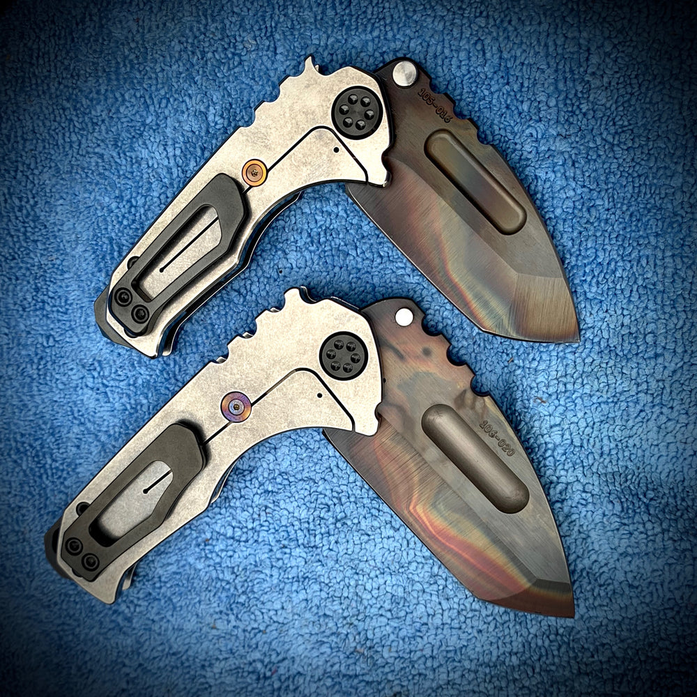 Medford Knife & Tool Micro Ti and Genesis Ti (set) - S35VN Vulcan Tanto Tumbled Handles PVD Hardware Clip & Brkr
