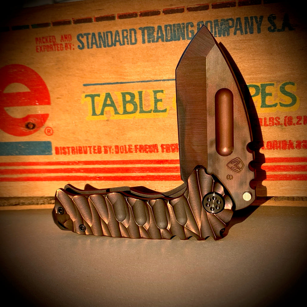 Medford Knife & Tool Genesis Ti - S35VN Vulcan Tanto Blade Bronze Predator Handles PVD HW PVD w/Brsh/Flm Flats Clip PVD Breaker
