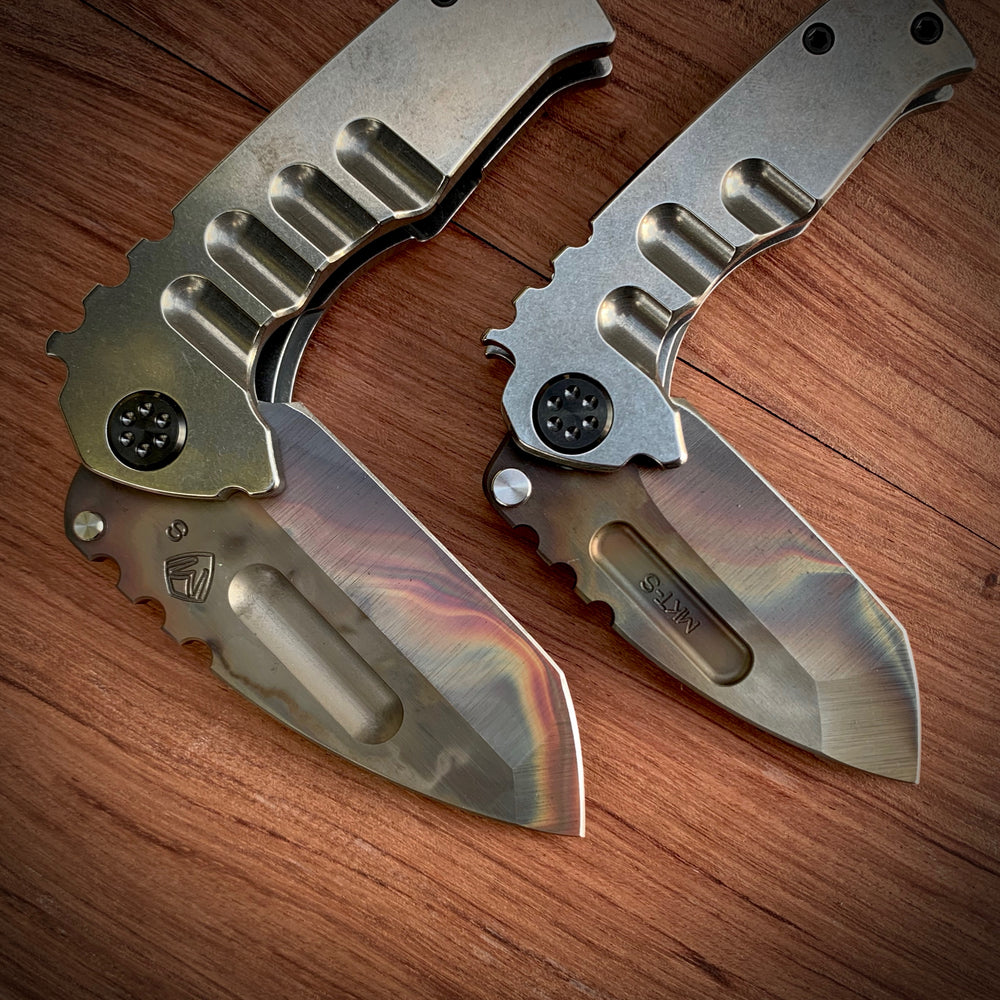 Medford Knife & Tool Micro Ti and Genesis Ti (set) - S35VN Vulcan Tanto Tumbled Handles PVD Hardware Clip & Brkr