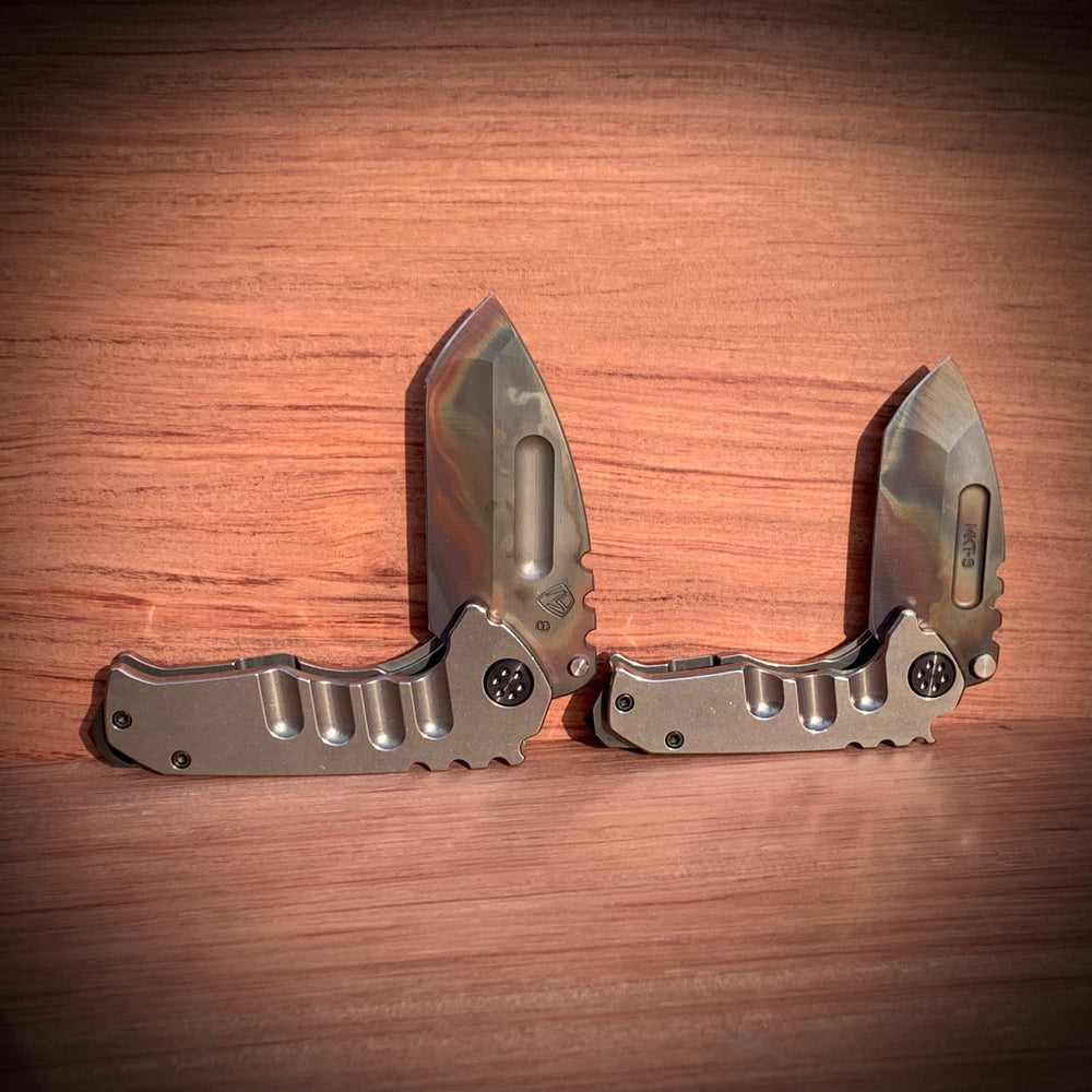 Medford Knife & Tool Micro Ti and Genesis Ti (set) - S35VN Vulcan Tanto Tumbled Handles PVD Hardware Clip & Brkr