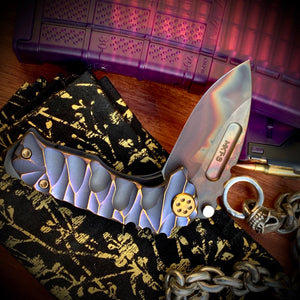 Medford Knife &. Tool -Micro Praetorian Ti  S35VN Vulcan DP Blade Dark Blue w/Bronze "Predator" Handles Bronze HW Brsh/Bronze Clip Maker's Breaker