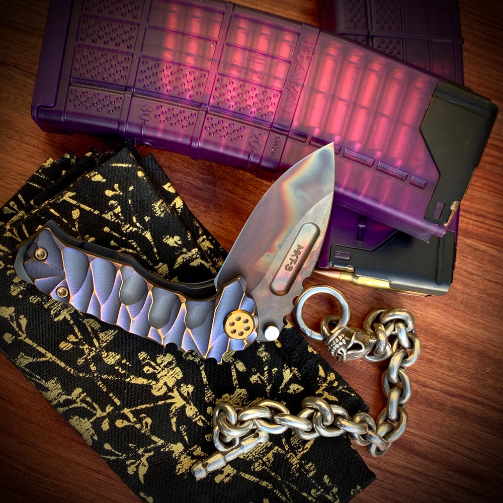 Medford Knife &. Tool -Micro Praetorian Ti  S35VN Vulcan DP Blade Dark Blue w/Bronze "Predator" Handles Bronze HW Brsh/Bronze Clip Maker's Breaker