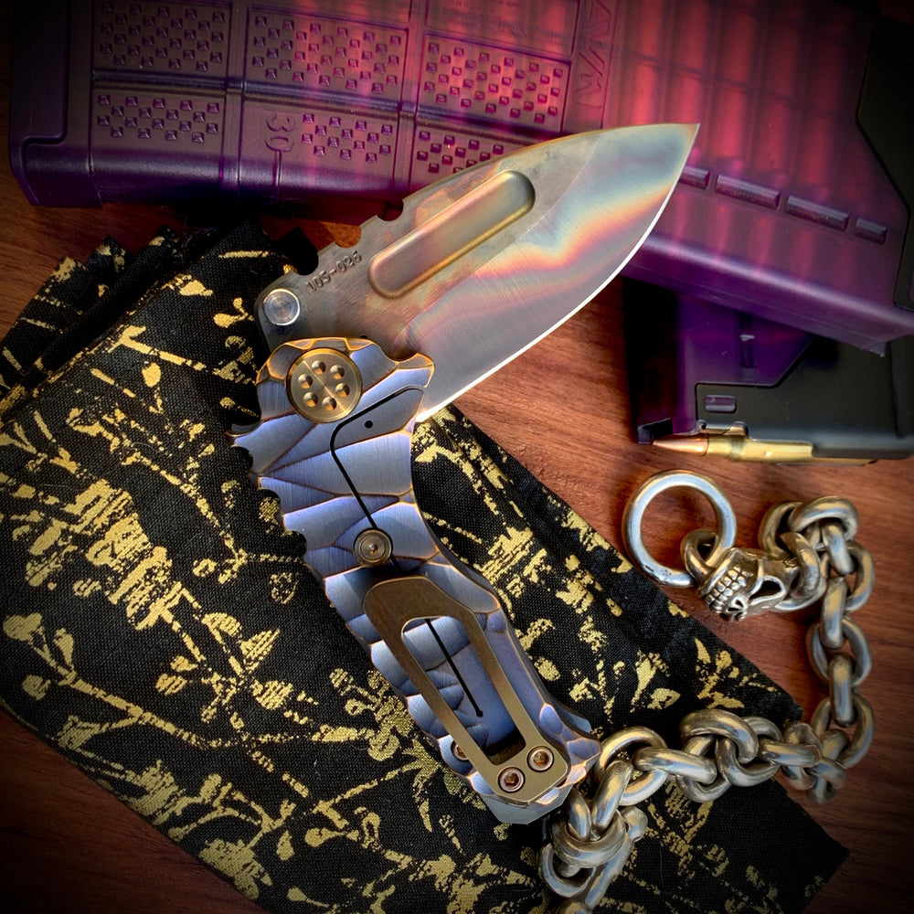 Medford Knife &. Tool -Micro Praetorian Ti  S35VN Vulcan DP Blade Dark Blue w/Bronze "Predator" Handles Bronze HW Brsh/Bronze Clip Maker's Breaker