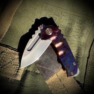 Medford Knife & Tool - Micro Praetorian Ti - Chad Nichols' Pattern Core Damascus Drop Point blade Timascus Handle Spring/Hardware/Clip/Breaker