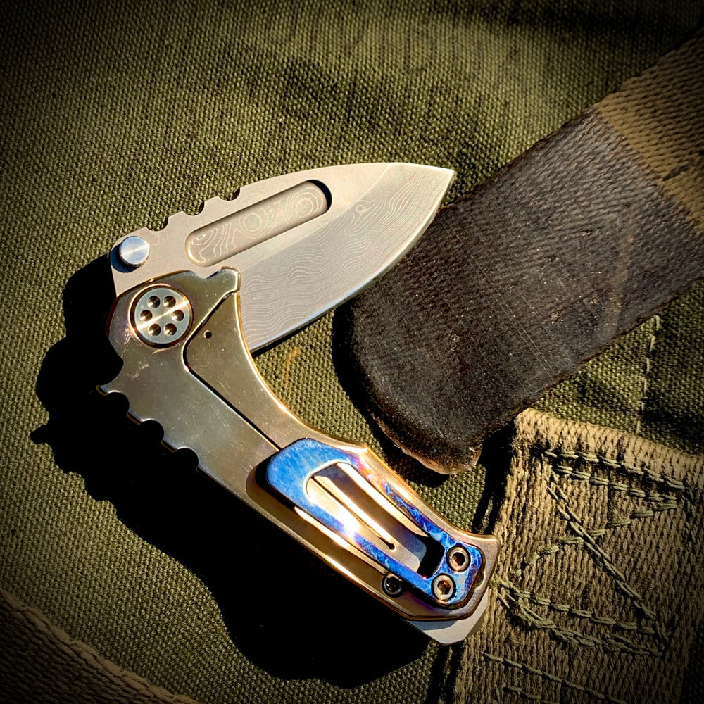 Medford Knife & Tool - Micro Praetorian Ti - Chad Nichols' Pattern Core Damascus Drop Point blade Timascus Handle Spring/Hardware/Clip/Breaker