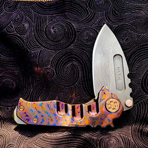 Medford Knife & Tool - Micro Praetorian Ti - Chad Nichols' Pattern Core Damascus Drop Point blade Timascus Handle Spring/Hardware/Clip/Breaker