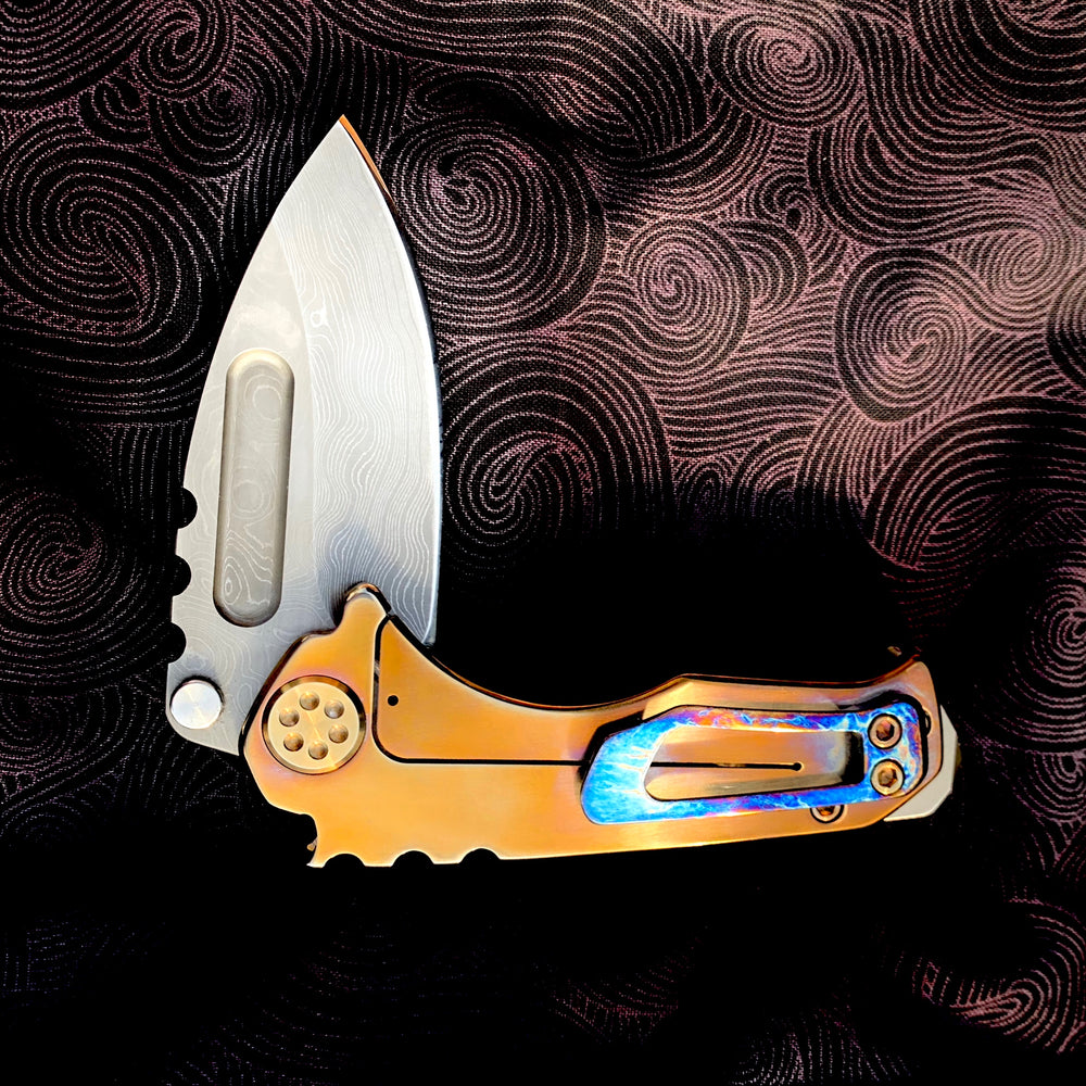 Medford Knife & Tool - Micro Praetorian Ti - Chad Nichols' Pattern Core Damascus Drop Point blade Timascus Handle Spring/Hardware/Clip/Breaker