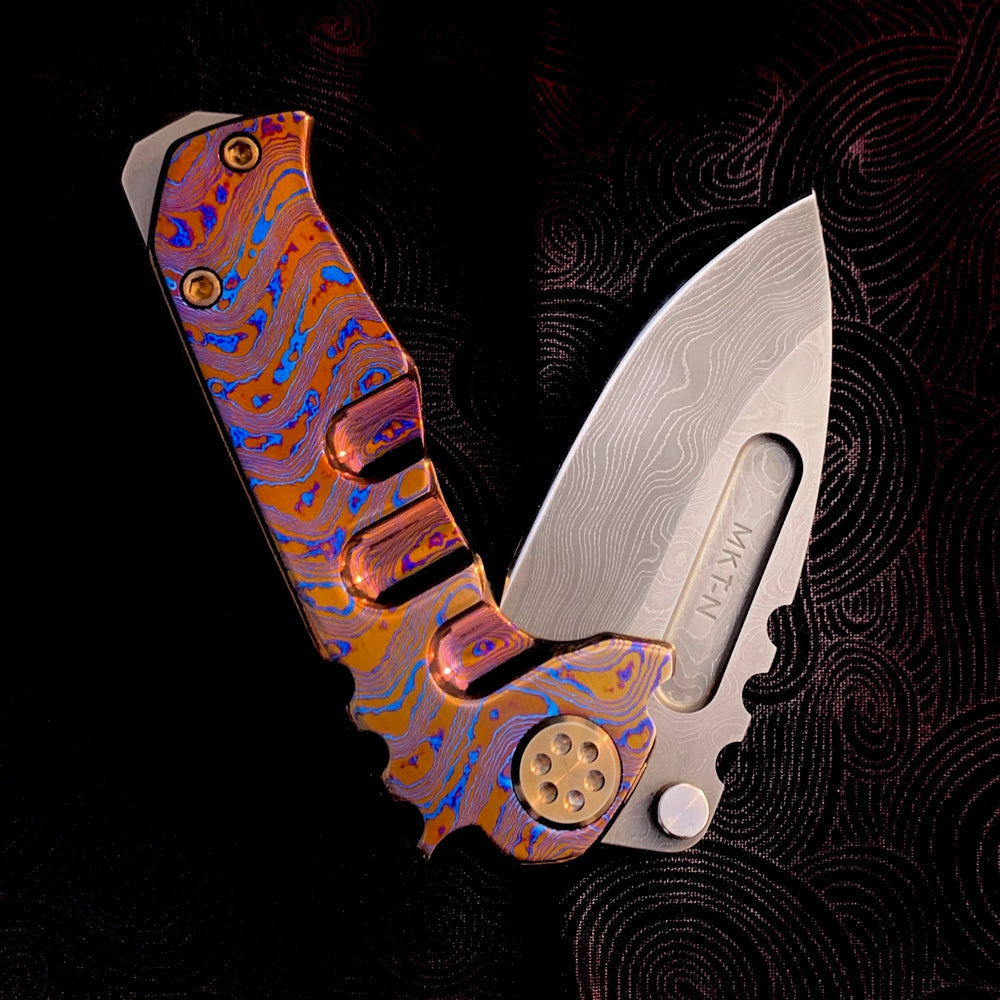 Medford Knife & Tool - Micro Praetorian Ti - Chad Nichols' Pattern Core Damascus Drop Point blade Timascus Handle Spring/Hardware/Clip/Breaker