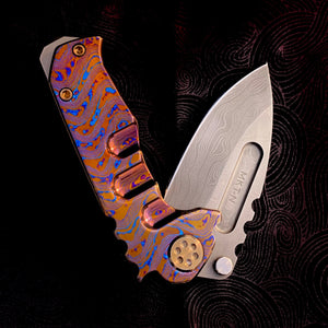 Medford Knife & Tool - Micro Praetorian Ti - Chad Nichols' Pattern Core Damascus Drop Point blade Timascus Handle Spring/Hardware/Clip/Breaker