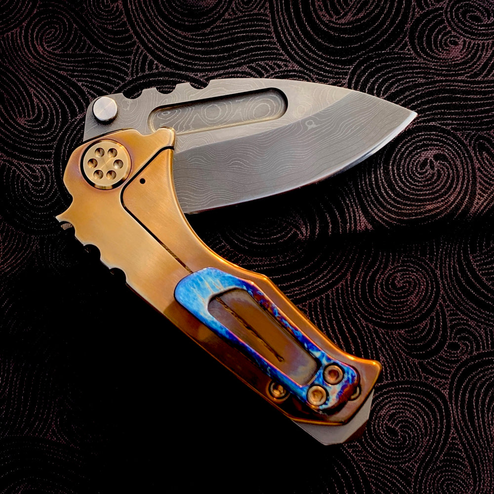 Medford Knife & Tool - Micro Praetorian Ti - Chad Nichols' Pattern Core Damascus Drop Point blade Timascus Handle Spring/Hardware/Clip/Breaker