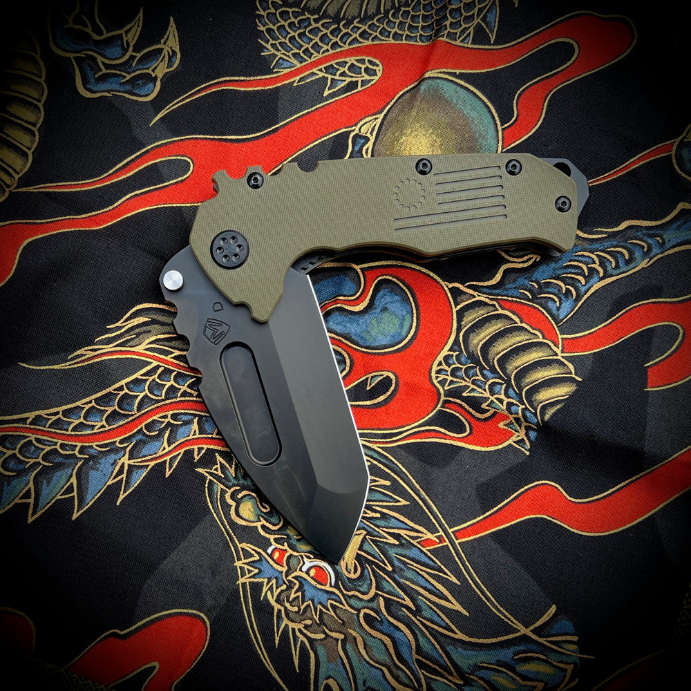 Medford Knife & Tool - Scout M/P - D2 PVD Tanto BladeOD Green Handles PVD HW/Clip/Breaker