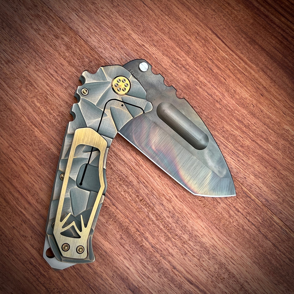 Medford Knive and Tool Praetorian Ti - Praetorian Ti - S35VN Vulcan Tanto Blade, BB/Cement w/Bronze "Stained Glass" Handles Bronze HW Brsh/Brz Clip NP3 Breaer