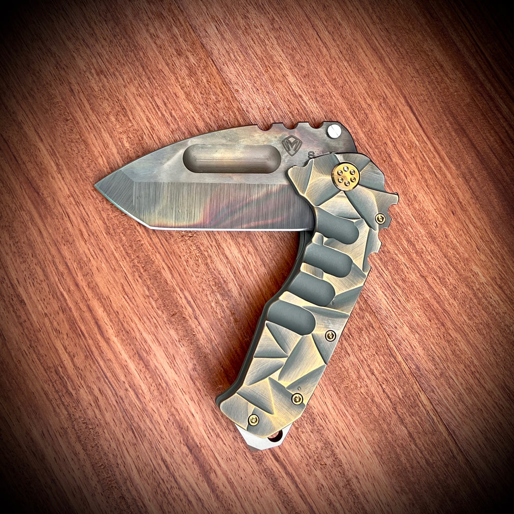 Medford Knive and Tool Praetorian Ti - Praetorian Ti - S35VN Vulcan Tanto Blade, BB/Cement w/Bronze "Stained Glass" Handles Bronze HW Brsh/Brz Clip NP3 Breaer