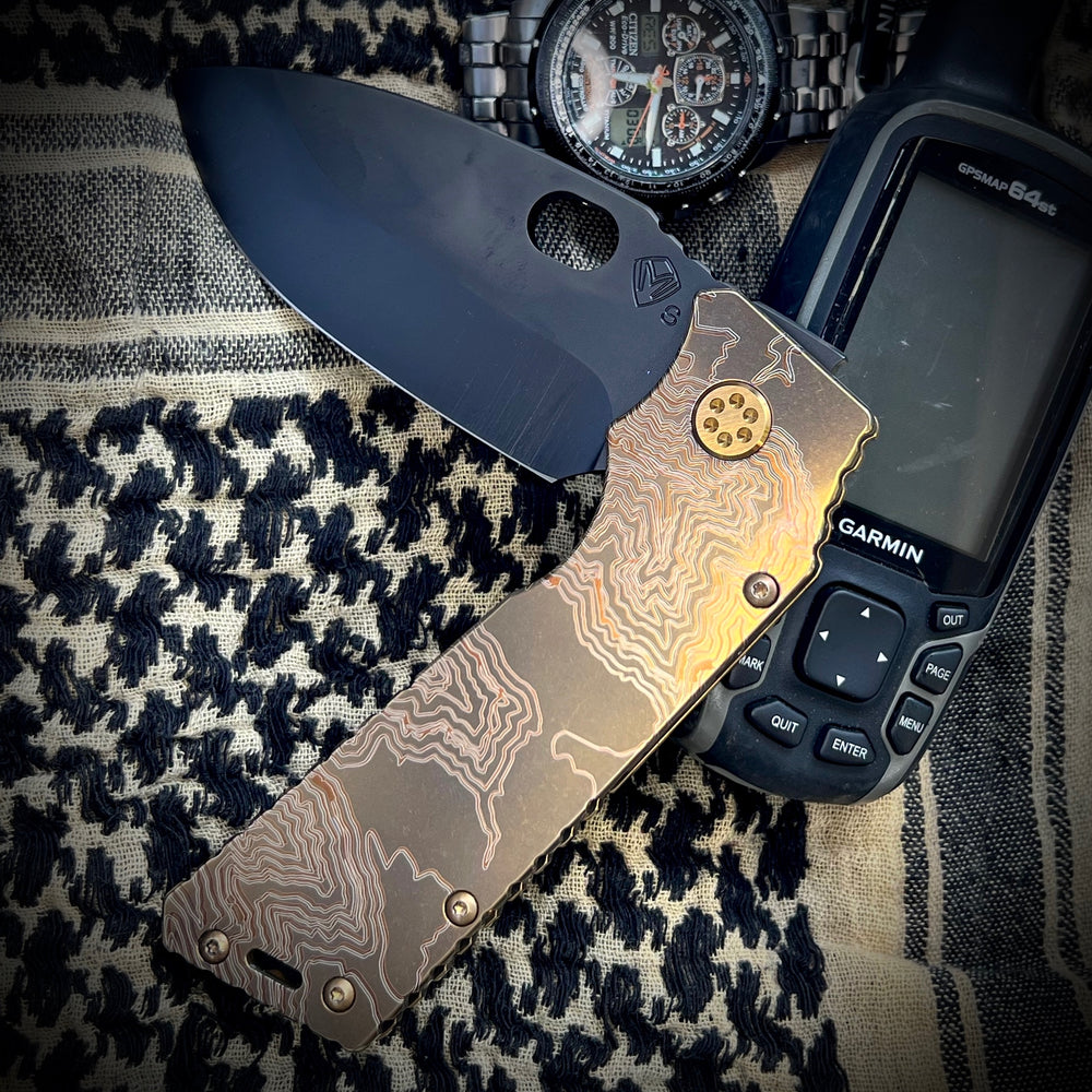 Medford Knife & Tool - TSH Topo Series The North Rim - TFF-1 - S35VN PVD "Long/Lat" Blade Bronze Handles Faced Bronze Flats PVD Clip