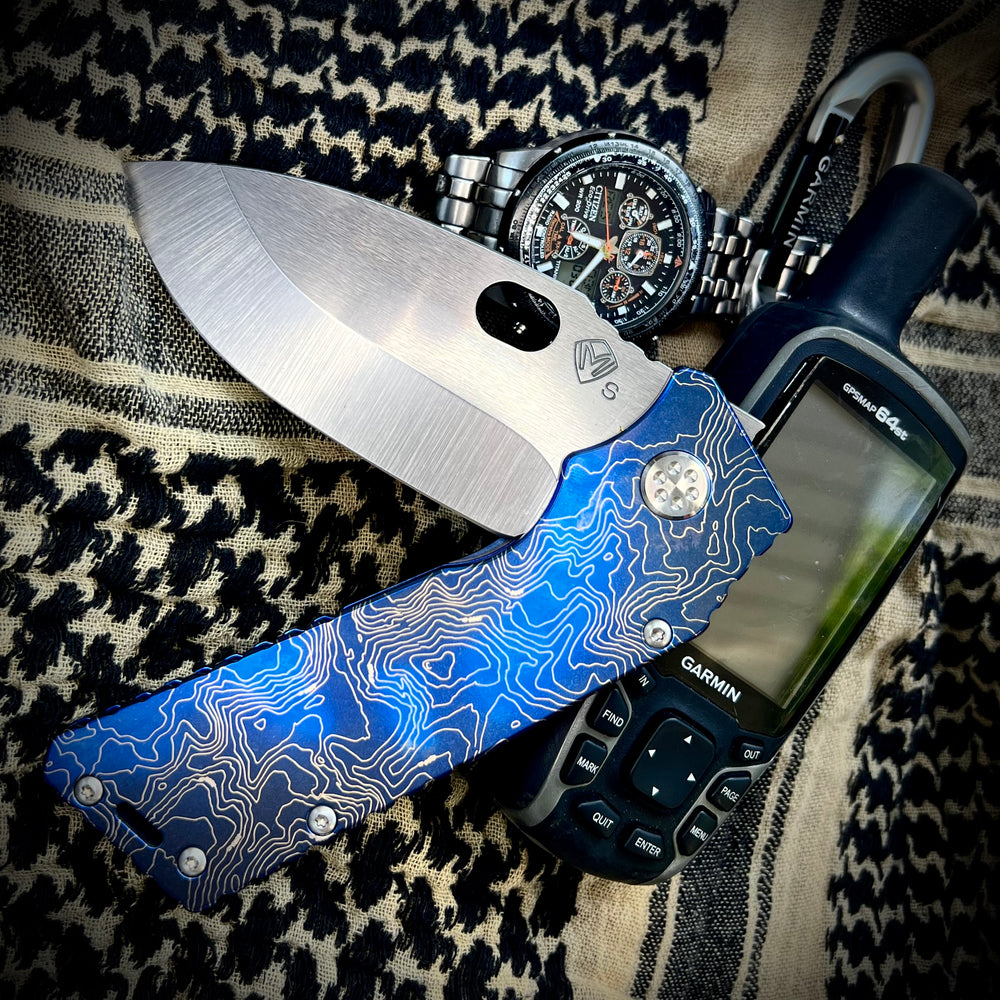 Medford Knife & Tool - TSH Topo Series TFF-1 - S35VN Tumbled "Long/Lat" Blade Blue "Denali" Handles Std HW Blue Clip w Silver Flats