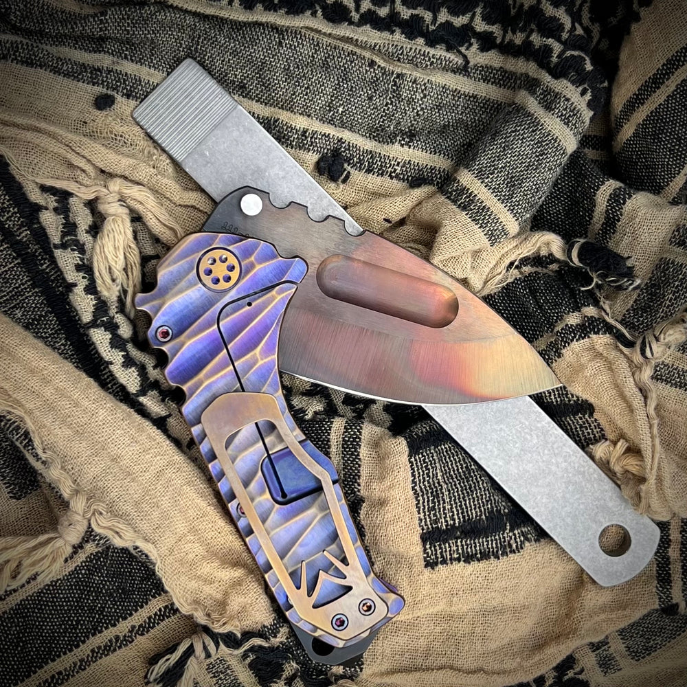 Medford Knife & Tool Praetorian Ti - Prae Ti - S35VN Vulcan DP Blade Violet w/Brsh/Brz Peaks "Tear Drop" Handles Bronze HW w/Brsh/Violet Pivots Violet Clip Maker's Breaker
