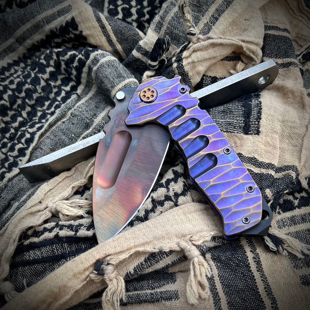 Medford Knife & Tool Praetorian Ti - Prae Ti - S35VN Vulcan DP Blade Violet w/Brsh/Brz Peaks "Tear Drop" Handles Bronze HW w/Brsh/Violet Pivots Violet Clip Maker's Breaker