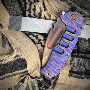 Medford Knife & Tool Praetorian Ti - Prae Ti - S35VN Vulcan DP Blade Violet w/Brsh/Brz Peaks "Tear Drop" Handles Bronze HW w/Brsh/Violet Pivots Violet Clip Maker's Breaker