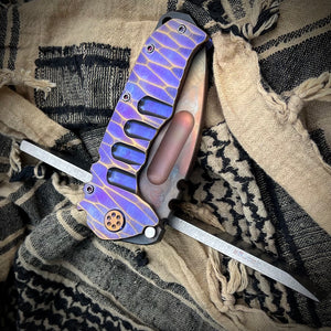 Medford Knife & Tool Praetorian Ti - Prae Ti - S35VN Vulcan DP Blade Violet w/Brsh/Brz Peaks "Tear Drop" Handles Bronze HW w/Brsh/Violet Pivots Violet Clip Maker's Breaker